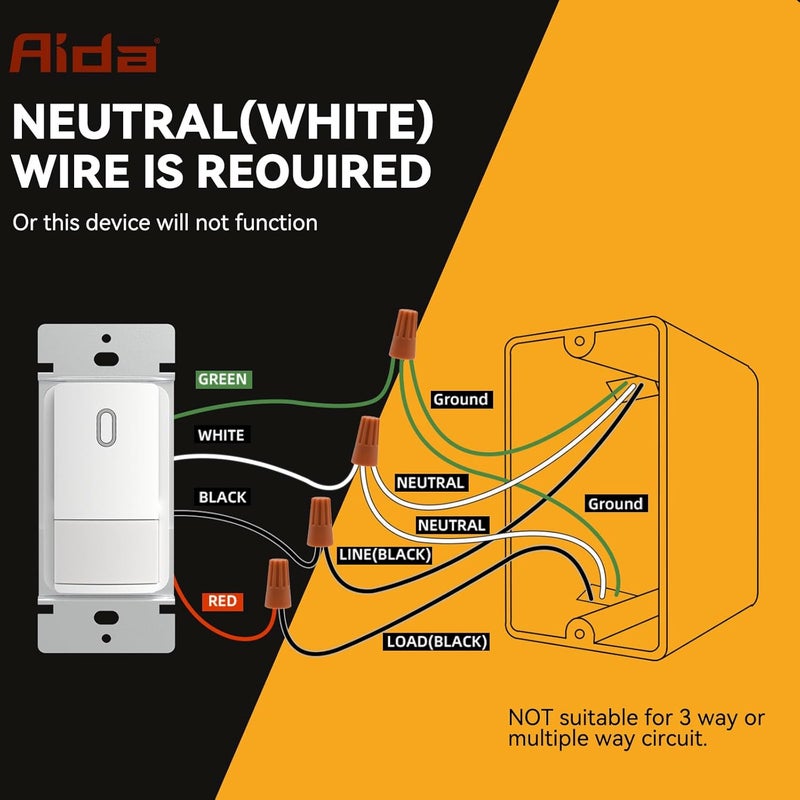 Aida Single Pole Motion Sensor Light Switch w/Neutral Wire - 120° PIR Infrared Activation - CFL/LED/MLV/INC/HAL/Fan Compatible - UL Certified - 1 Pack,Matte White - Image 3